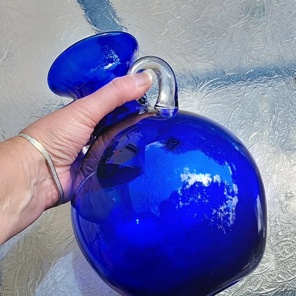 Vintage Blenko Cobalt Blue Clear Crystal Handmade Blown Glass Vase Urn Rare 8x6